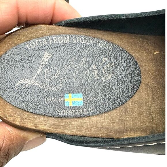 Lotta From Stockholm Black Leather Clogs w/ Brown Base EU 38 US 7.5 Strap EUC - Picture 10 of 11